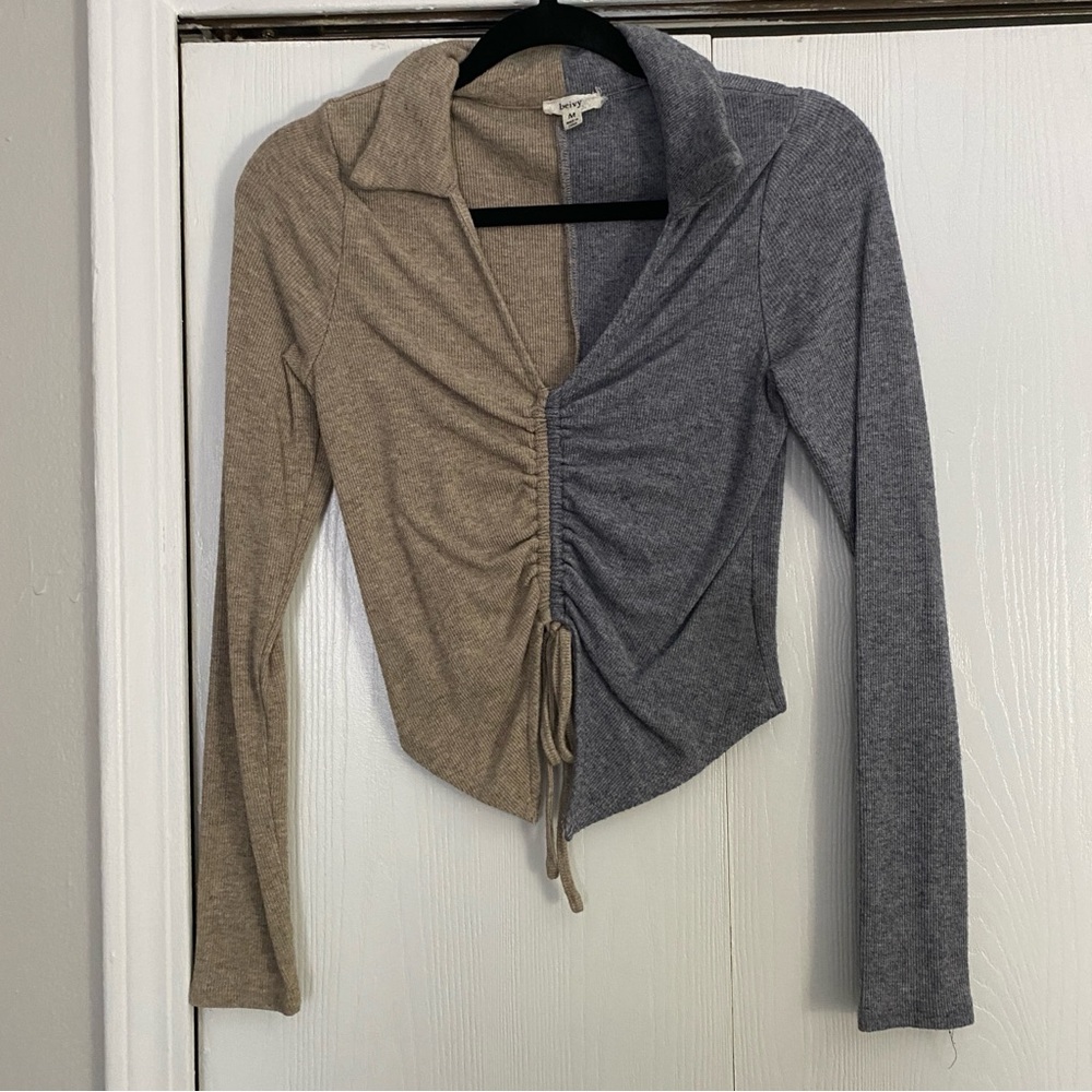 Two-Tone Ruched Long Sleeve Top